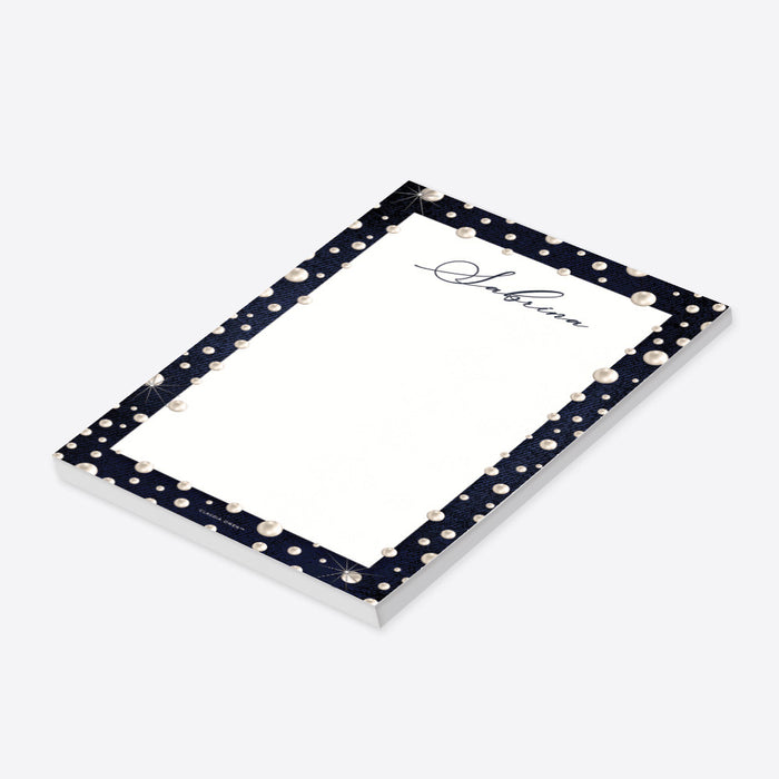personalized denim and pearls notepad with custom name, dark blue border, pearl accents, and blank writing space-side