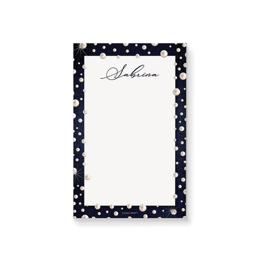 personalized denim and pearls notepad with custom name, dark blue border, pearl accents, and blank writing space