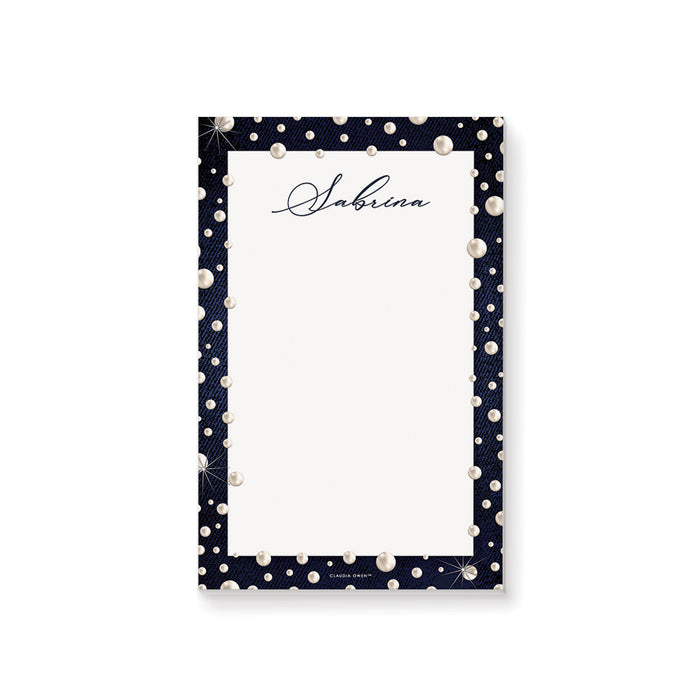 personalized denim and pearls notepad with custom name, dark blue border, pearl accents, and blank writing space