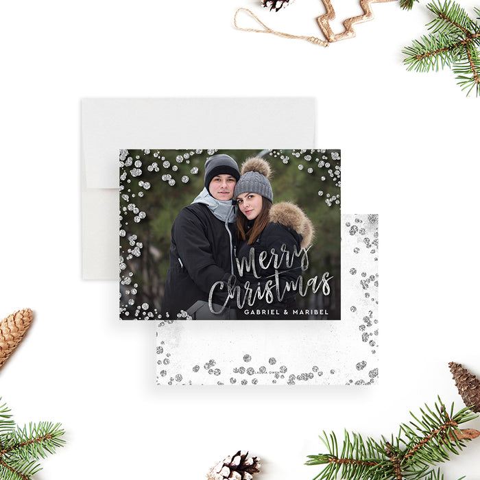 Personalized diamond Christmas photo card for couples with winter portrait, Merry Christmas script, custom names and illustrated diamond border-front-back