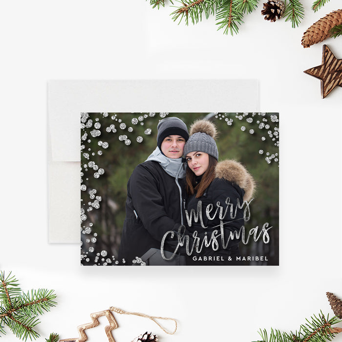 Personalized diamond Christmas photo card for couples with winter portrait, Merry Christmas script, custom names and illustrated diamond border-front