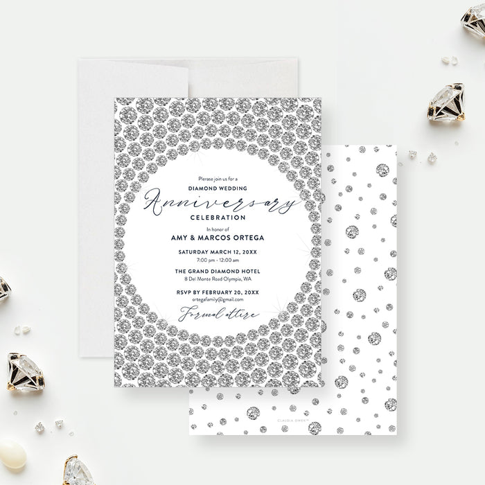 Personalized diamond anniversary invitation with diamond border-front-back