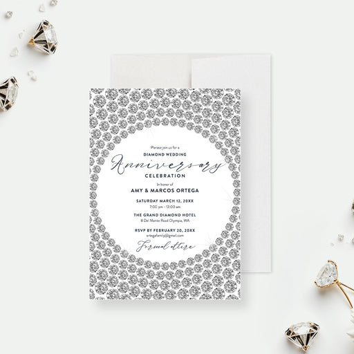 Personalized diamond anniversary invitation with diamond border-front