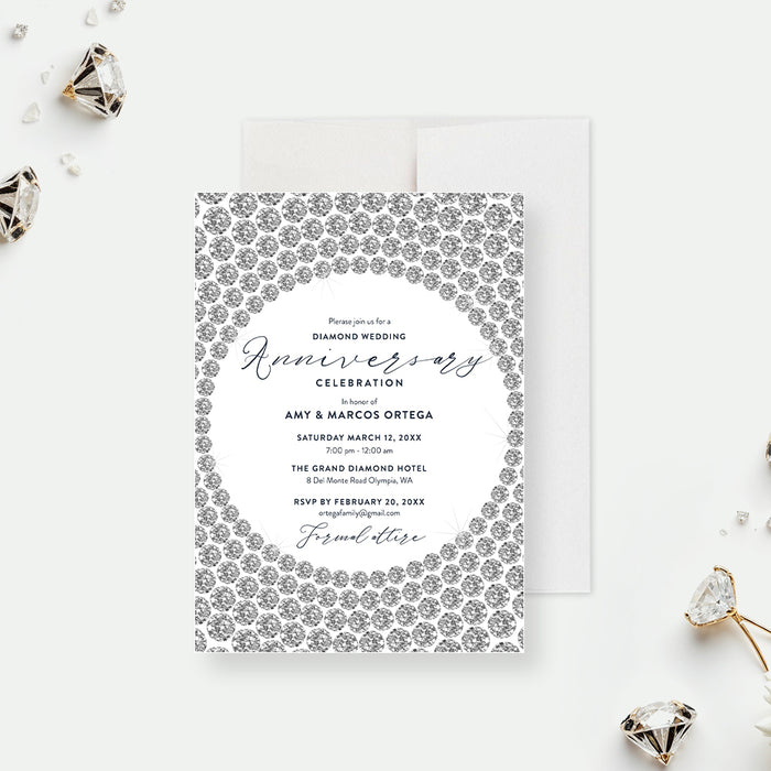 Personalized diamond anniversary invitation with diamond border-front