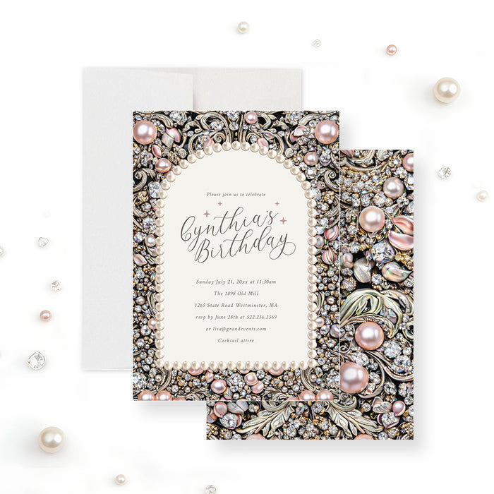 Personalized birthday party invitation with blush pearls, clear jewels, ornate scrollwork, custom name and event details-front-back
