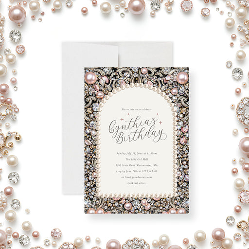 Personalized birthday party invitation with blush pearls, clear jewels, ornate scrollwork, custom name and event details-front