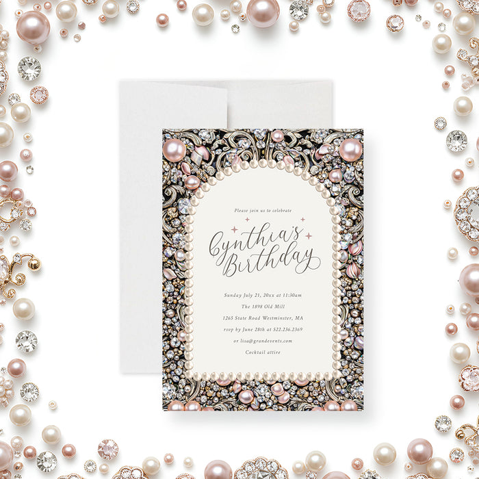Personalized birthday party invitation with blush pearls, clear jewels, ornate scrollwork, custom name and event details-front