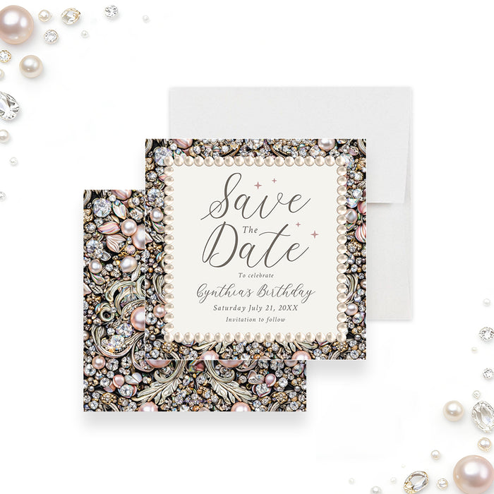 Personalized birthday save the date card with ornate pearl and jewel border, custom name, birthday wording and celebration date-front-back