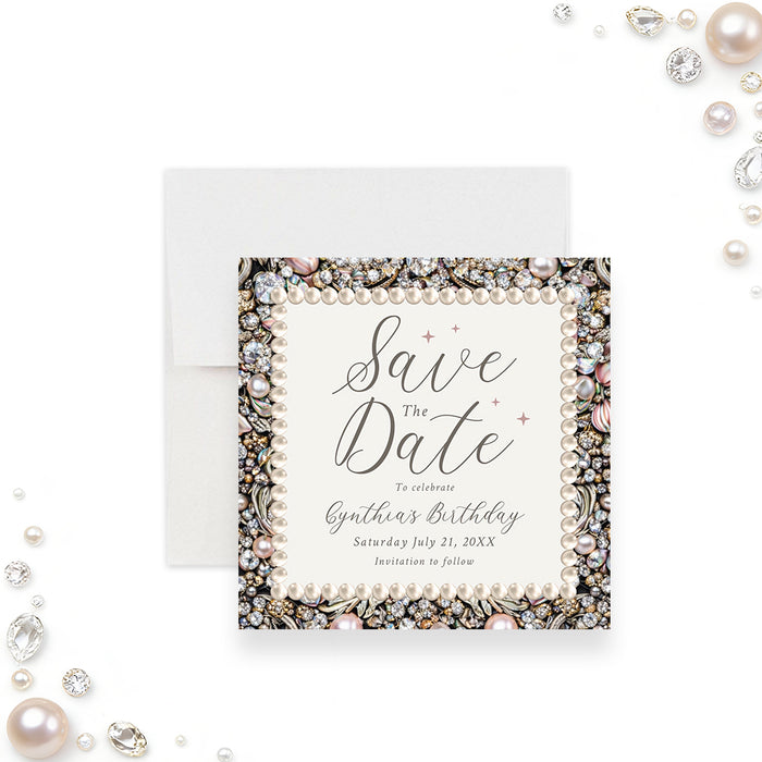 Personalized birthday save the date card with ornate pearl and jewel border, custom name, birthday wording and celebration date-front
