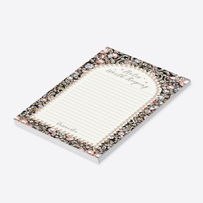Personalized lined notepad with Notes Worth Keeping heading, custom name and ornate border of blush pearls, clear jewels and scrollwork-side