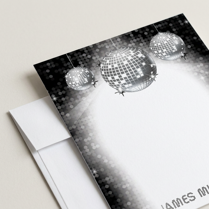 Personalized disco note card angled close-up