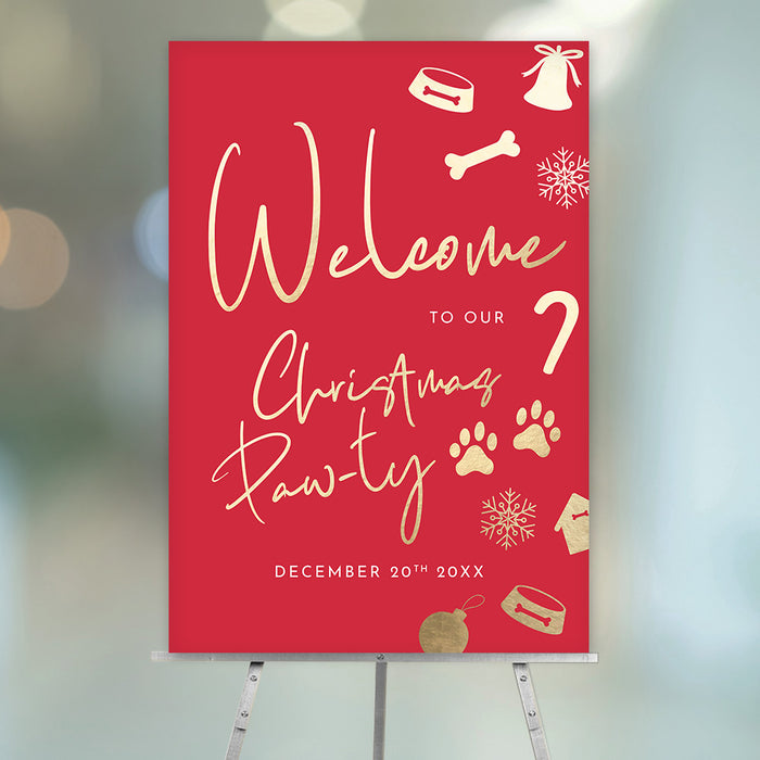 Front and back of personalized red and gold dog Christmas Pawty welcome sign with paw prints, bones, pet bowls, snowflakes and custom party details