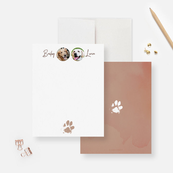 Personalized dog note card featuring pet names with two dog photos and paw print-front-back