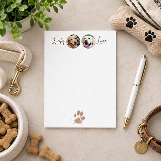 Personalized dog note card featuring pet names with two dog photos and paw print-front