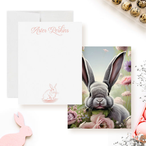 Easter note card with a fluffy gray bunny surrounded by pastel flowers, paired with a personalized back featuring a vintage bunny sketch.