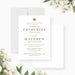Personalized white wedding invitation with warm gold lettering, a gold heart and editable ceremony details-front-back