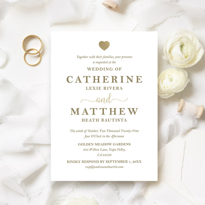 Personalized white wedding invitation with warm gold lettering, a gold heart and editable ceremony details-front
