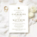 Personalized white wedding invitation with warm gold lettering, a gold heart and editable ceremony details-front