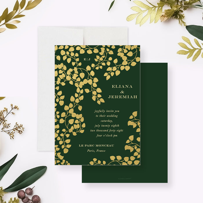 Personalized emerald green botanical wedding invitation with cascading gold-colored leaf vines, couple’s monogram, names and event details-front-back