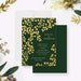 Personalized emerald green botanical wedding invitation with cascading gold-colored leaf vines, couple’s monogram, names and event details-front-back