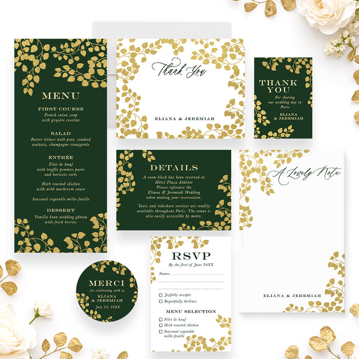 Personalized Emerald Green and Gold Botanical Wedding Invitation