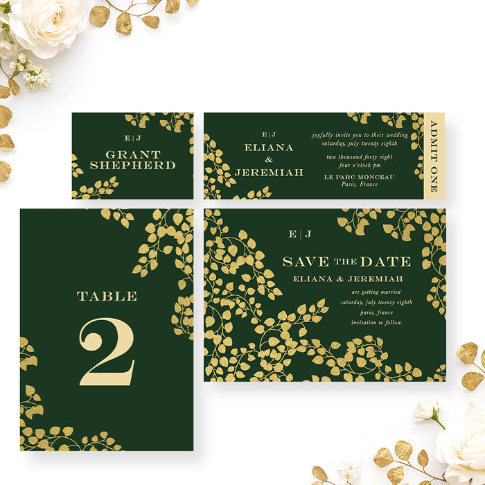 Personalized Emerald Green and Gold Botanical Wedding Invitation