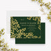 Personalized emerald green wedding save the date card with gold-colored leaf vines, couple’s monogram, names, wedding date and location-front-back