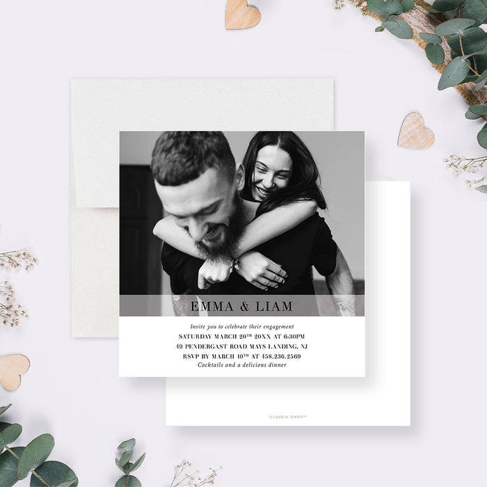 Personalized engagement party invitation featuring a romantic black and white couple photo-front-back