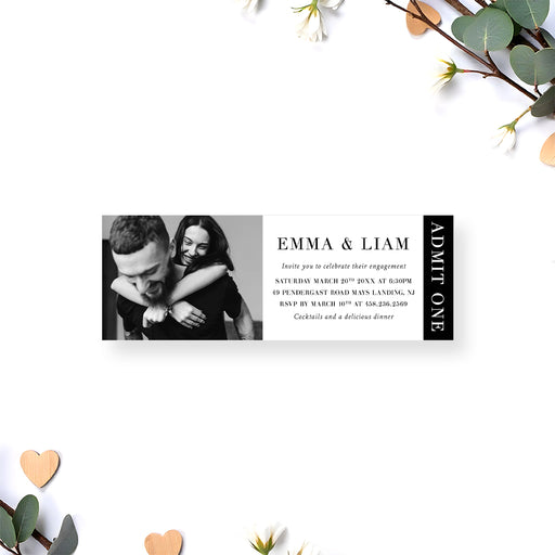 Personalized photo engagement ticket invitation featuring a black and white couple image