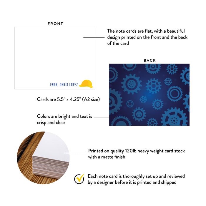 Front and back of personalized engineering note cards with blue gears showing A2 dimensions and matte cardstock details.