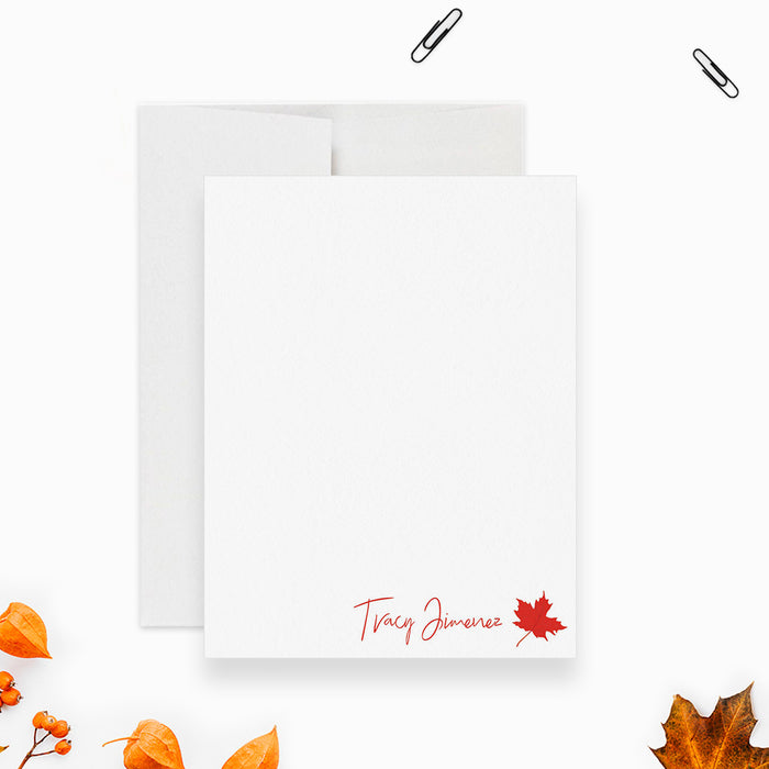 Personalized fall note cards featuring watercolor maple leaf design