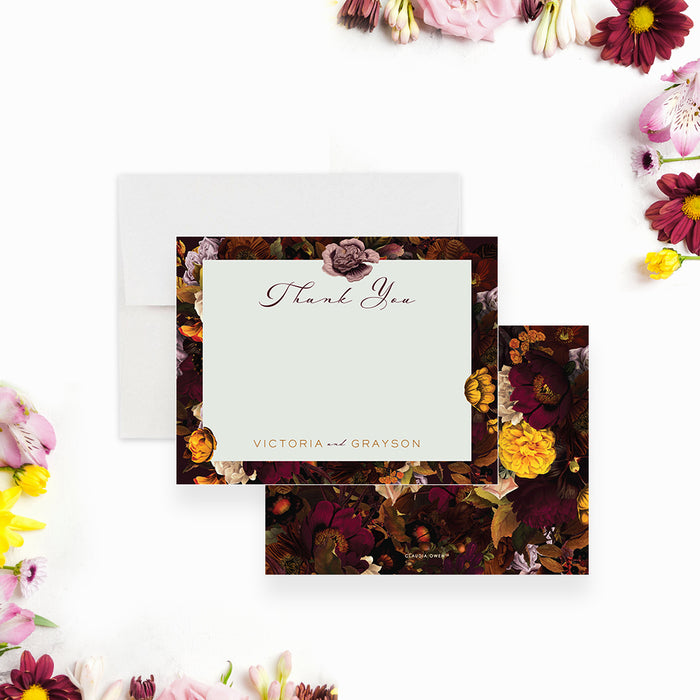 Romantic floral thank you card featuring an autumn botanical flower design, the perfect way to thank guests for celebrating your marriage.-front-back