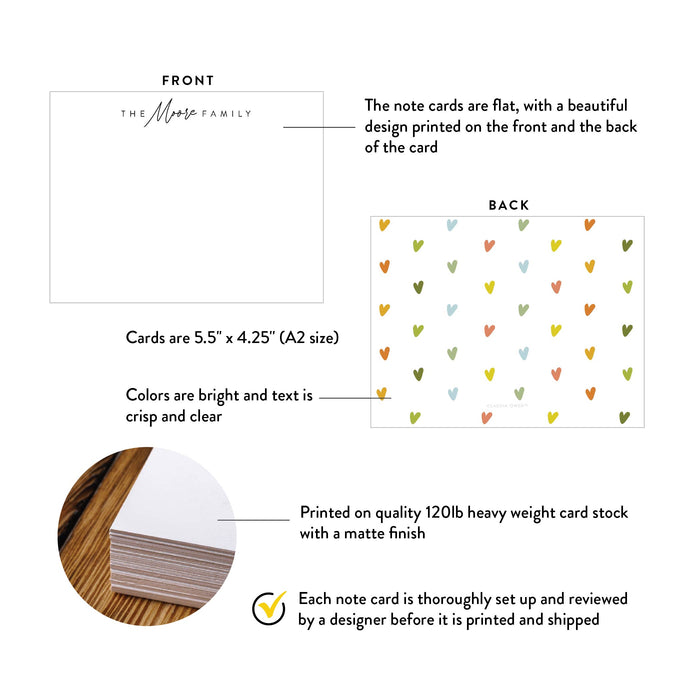 Front and back of personalized family note cards with colorful hearts with A2 size and matte cardstock details.