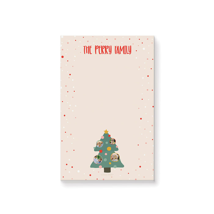 Personalized Christmas notepad with family photos in colorful ornaments on a festive tree