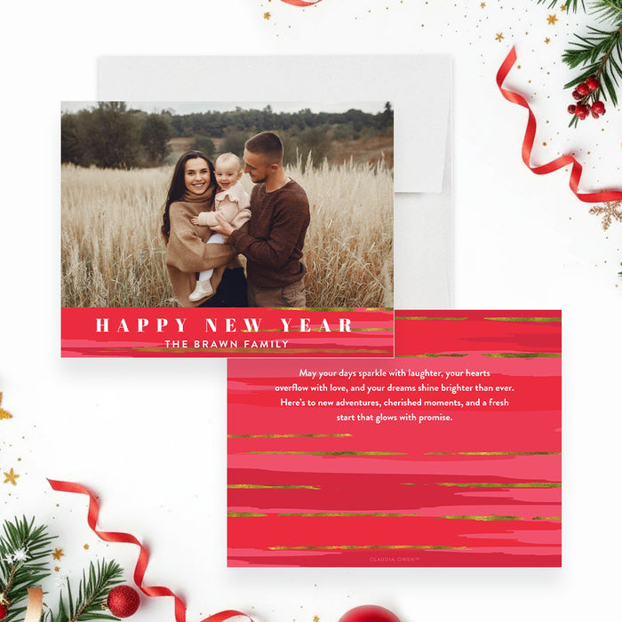 Happy New Year family photo greeting card with red watercolor brushstroke design and festive holiday accents-front-back