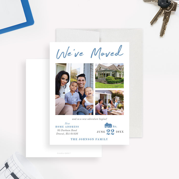 Personalized family moving announcement card with three photo collage, new home address, move date, We've Moved wording, and blue house illustration-front-back