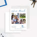 Personalized family moving announcement card with three photo collage, new home address, move date, We've Moved wording, and blue house illustration-front-back