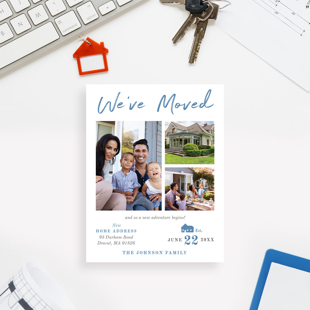 Personalized family moving announcement card with three photo collage, new home address, move date, We've Moved wording, and blue house illustration-front