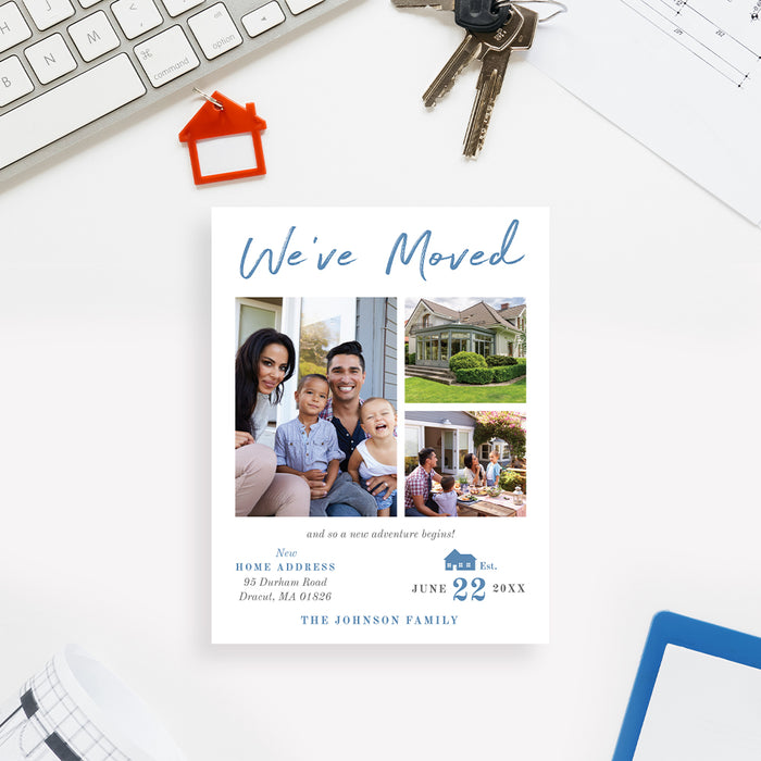 Personalized family moving announcement card with three photo collage, new home address, move date, We've Moved wording, and blue house illustration-front