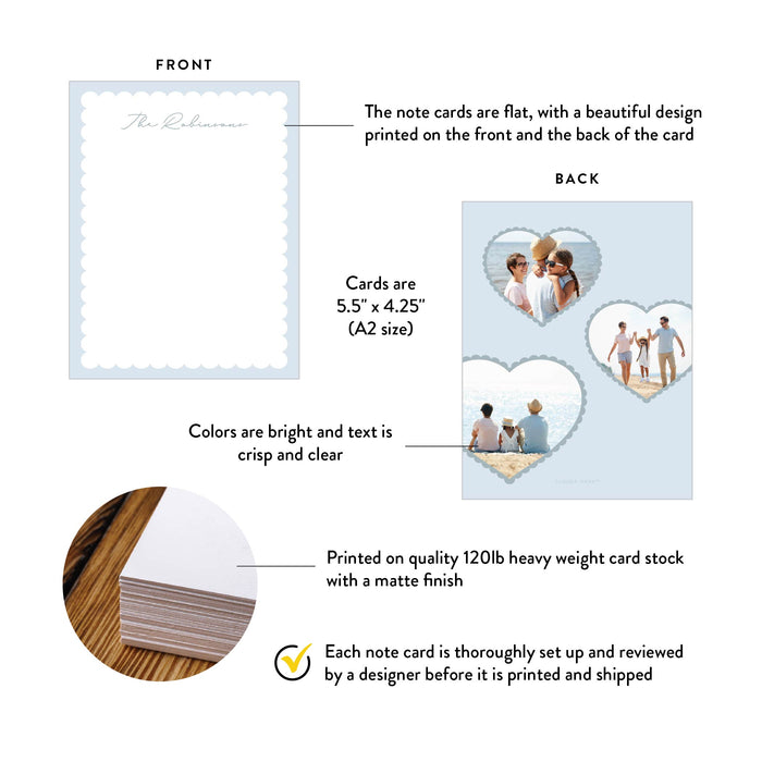 Front and back of personalized family photo note cards with heart frames with A2 size and matte cardstock details.
