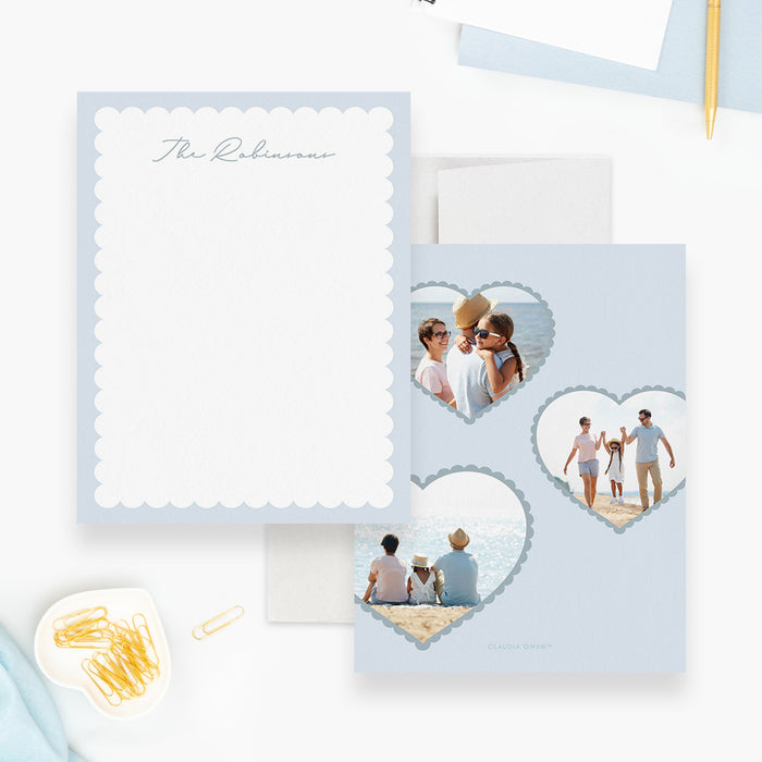Pale blue family note cards with a white scalloped writing front and three heart-shaped family photos on the back.