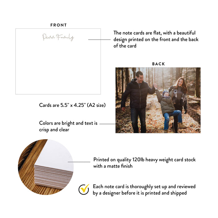 Front and back of personalized family photo note cards with script name with A2 size and matte cardstock details.
