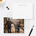 Personalized family note cards with a script family name on the white front and a family photo on the reverse.