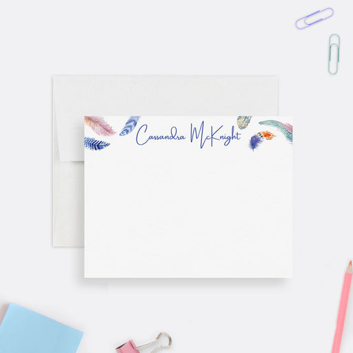 Personalized feather stationery set featuring a modern boho design, perfect for thank you notes, personal correspondence, or gifts for nature lovers.

