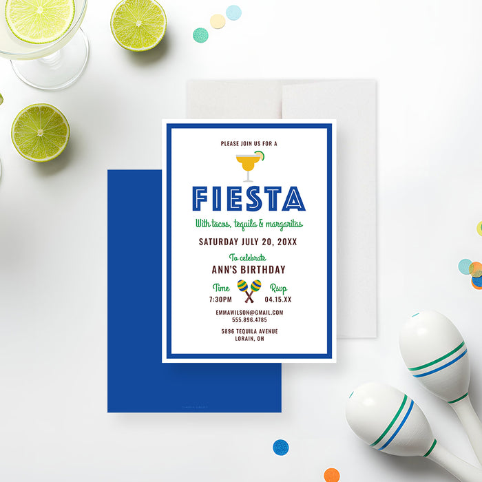 Personalized fiesta birthday party invitation with blue border, margarita glass, colorful maracas, Fiesta heading and custom event details-front-back