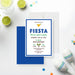 Personalized fiesta birthday party invitation with blue border, margarita glass, colorful maracas, Fiesta heading and custom event details-front-back