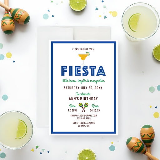 Personalized fiesta birthday party invitation with blue border, margarita glass, colorful maracas, Fiesta heading and custom event details-front