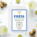 Personalized fiesta birthday party invitation with blue border, margarita glass, colorful maracas, Fiesta heading and custom event details-front