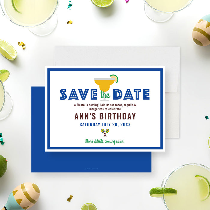 Personalized fiesta birthday save the date card with margarita illustration, colorful maracas, Ann’s Birthday wording and celebration date-front-back