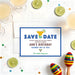 Personalized fiesta birthday save the date card with margarita illustration, colorful maracas, Ann’s Birthday wording and celebration date-front